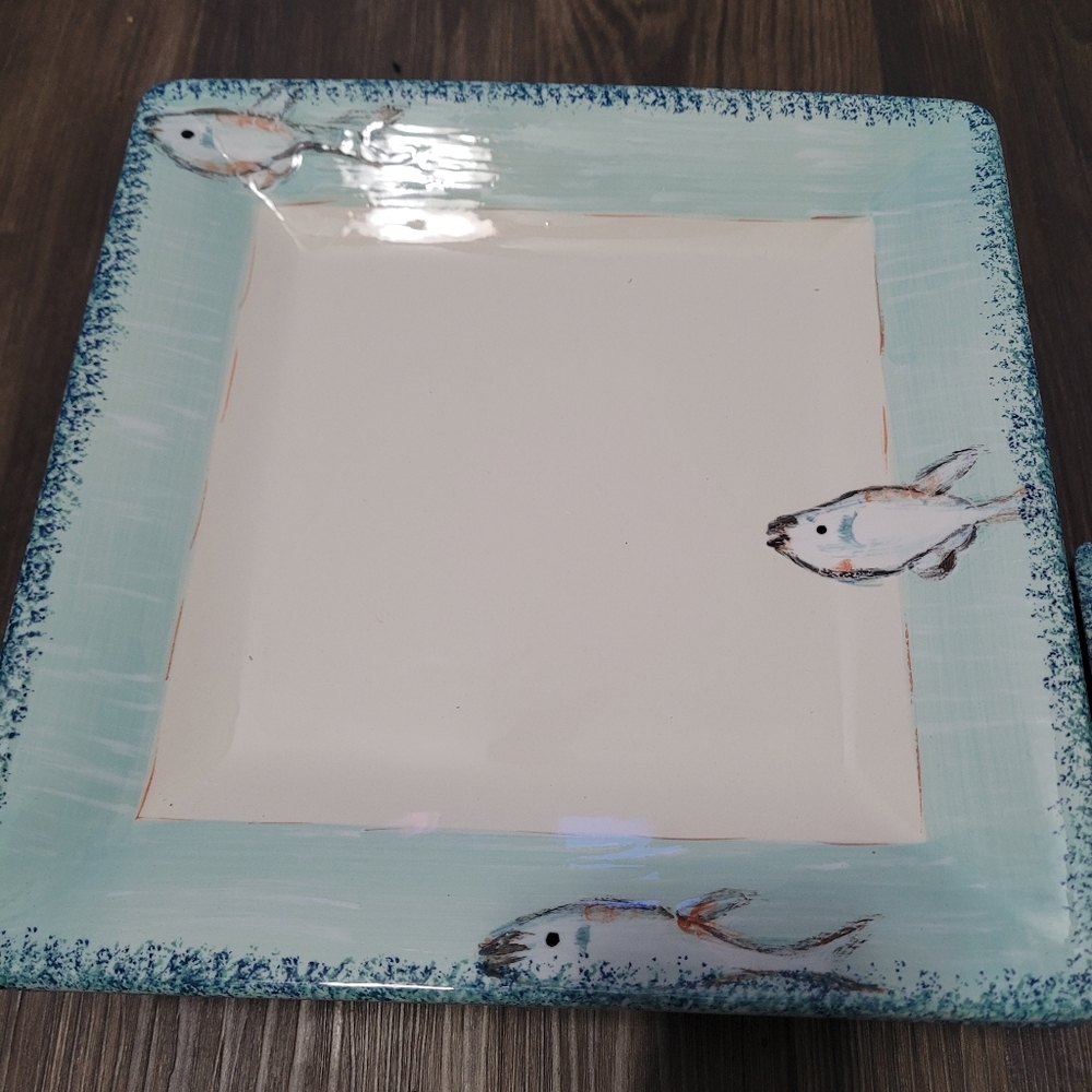 American Atelier Currents square dinner plates Saucers Hand Painted fish design - Picture 6 of 10